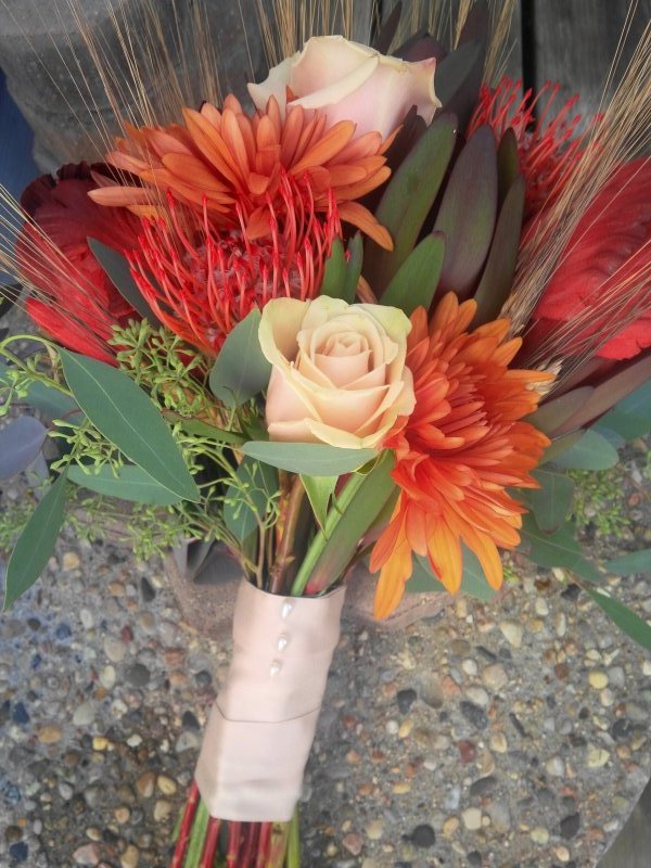 Bouquet of roses, pin cushion protea, leucadendron, mums, silk tulip