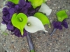 bouquet and boutonniere: Silk purple hydrangea, calla lilies