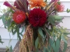 Bouquet of dahlias, pin cushion protea, hanging amaranthus,
