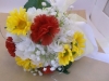 Silk bouquet with white hydrangea, red carnations, yellow daisies