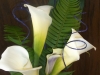 3 large calla lilies, 1 mini purple throat calla lily, purple ting-ting, sword fern