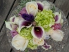 Fresh bouquet purple throat calla lilies, white roses, green hydrangeas, purple lizzy, purple roses, variegated mini pit