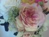 Silk ccascade bouquet with roses,queens anne lace, hydrangea, orchid, pearls, black/lace  ribbon loops