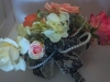 Silk crescent bouquet with roses,queens anne lace, hydrangea, orchid, pearls, black/lace  ribbon loops