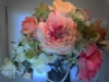 Silk crescent bouquet with roses,queens anne lace, hydrangea, orchid, pearls, black/lace  ribbon loops