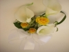 silk calla lilies, fresh yellow spray rose, grass