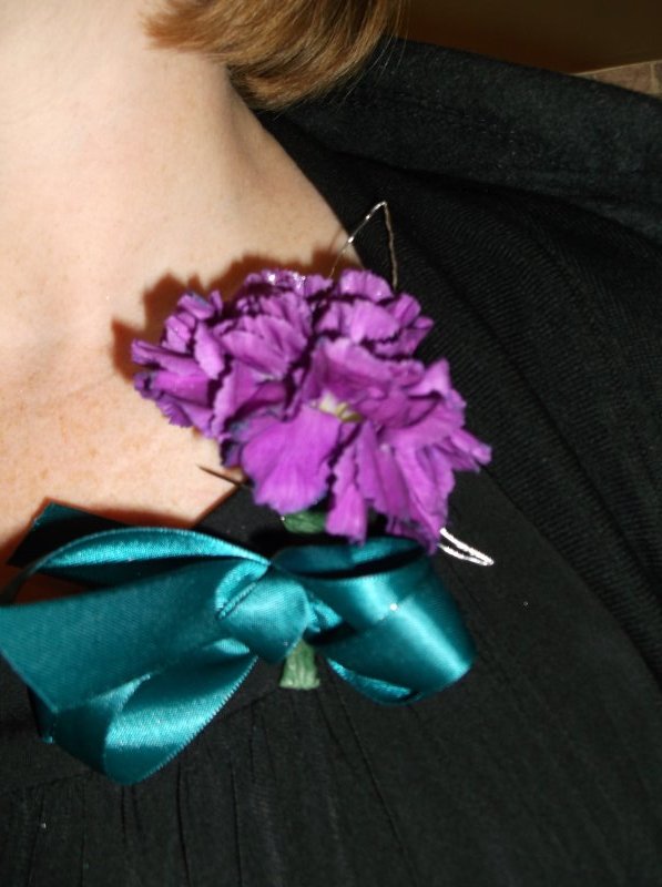 corsage: fresh mini carnation with wire leaf
