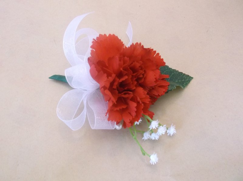 silk corsage red carnation and babies breath