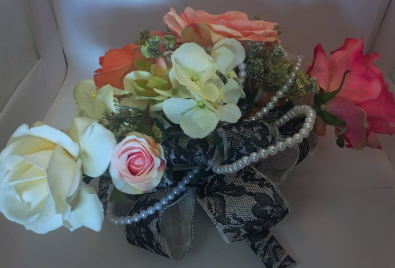 Silk crescent bouquet with roses,queens anne lace, hydrangea, orchid, pearls, black/lace  ribbon loops